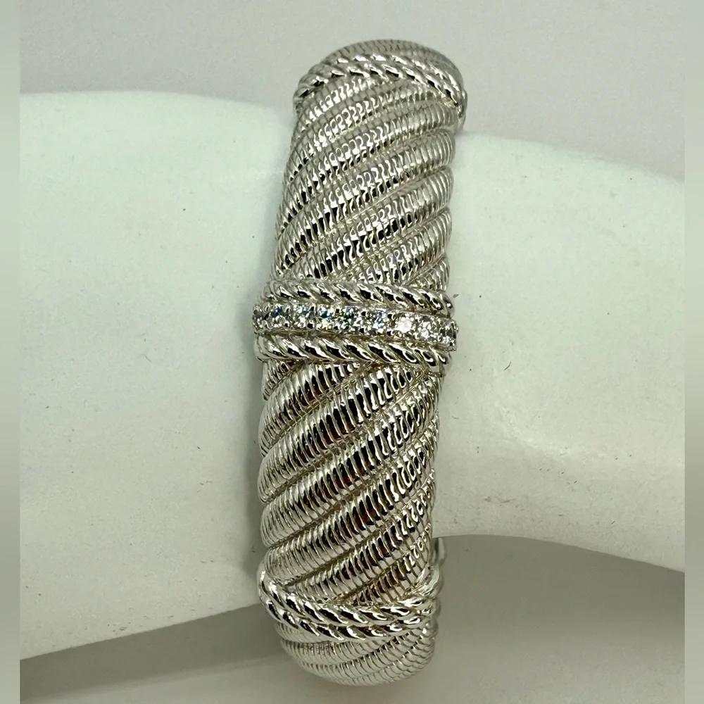 Vintage Judith Ripka Sterling Silver Cuff Bracelet with White Crystals 6.5”